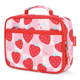 mibasies lunch box front view showing strawberry-checkerboard pattern and durable fabric benefit