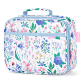 mibasies lunch box front view showing floral sky-blue pattern and durable fabric