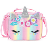 mibasies unicorn lunch bag front view showing rainbow glitter and horn, bright cheerful design