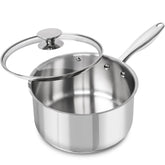MICHELANGELO 3-quart saucepan front view showcasing shape and lid benefit even heating