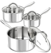 MICHELANGELO front view of three saucepans with lids showing set benefit