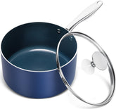 MICHELANGELO saucepan front view showing lid and blue finish for stylish serving