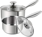 MICHELANGELO front view of two saucepans showing polished finish and lids for versatile cooking