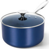 MICHELANGELO saucepan front view shows sleek blue finish and glass lid benefit: stylish serving