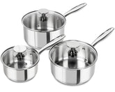 MICHELANGELO saucepan set front view showing all three sizes and lids for versatile cooking