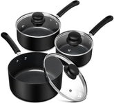 MICHELANGELO saucepan set front view showing three pot sizes and lids for versatile cooking