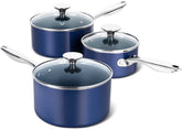 MICHELANGELO front view of three blue saucepans showing lids and sizes, stylish storage benefit