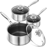 MICHELANGELO saucepan set front view showing three pots and lids for versatile cooking