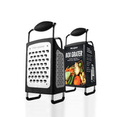 Microplane box grater front view showing all four blade types and sturdy frame