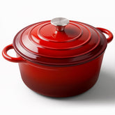Miereirl front view of red dutch oven showing elegant finish and versatile design