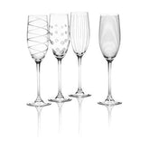 Mikasa Cheers boxed set front view showing four patterned flutes and gift packaging benefit