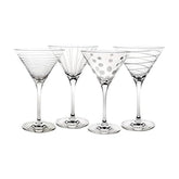 Mikasa Cheers martini glasses front view showing four etched designs and clear crystal elegance