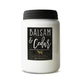 Milkhouse Balsam & Cedar front packaging showing farmhouse jar and black lid for classic decor