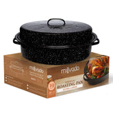 Millvado front view of 19-inch roaster showing capacity and lid benefit