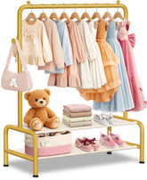mirolam front view of kids gold clothing rack shows tidy hanging space and style