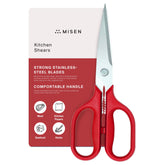 Misen shears front view showing red handles and stainless steel for durable cutting