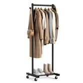MISSLO front view of full assembled rack showing tidy hanging clothes and benefits of space saving