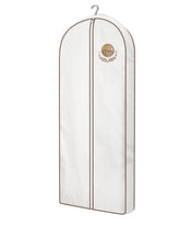 MISSLO front view of full 60-inch garment bag showing clean white finish and brown stitching for neat storage