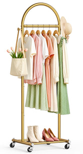 MISSLO front view of gold arched clothing rack showcasing neat hanging display and style benefit