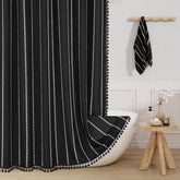 MitoVilla front view of black stripe curtain highlighting farmhouse look and instant style upgrade