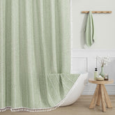 MitoVilla front view showing boho tassel shower curtain enhancing bathroom style