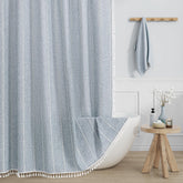 MitoVilla front view showing embroidered blue stripes and farmhouse style benefit: instant bathroom update