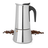 Mixpresso Greca front view showing stainless pot and ergonomic handle benefits