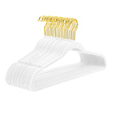 MIZGI front view of 50-piece white velvet hangers showing tidy value pack benefit