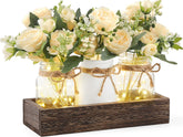 Mkono front view of wooden box and three jars showing rustic centerpiece appeal