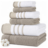 Modern Threads front view of towel set showing coordinated pieces and classic stripe for cohesive decor