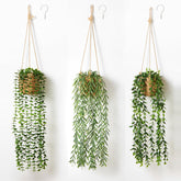 Mokof front view of three hanging plants in baskets showcasing instant greenery