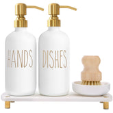 MOMEEMO front view of gold and white soap dispenser set showing organized sink benefit