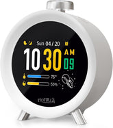 MOMILLA front display showing time date and temperature for clear bedside viewing