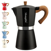 Mongdio Moka pot front view showing black finish and compact design benefit convenience