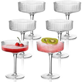 Montex front view of six ribbed coupe glasses showing elegant vintage appeal and clarity