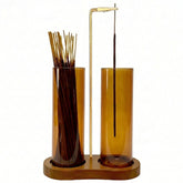 Moocervi front view showing amber glass and wood base, enhances room decor