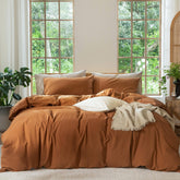 MooMee front-facing duvet cover set showing dark orange color and styling benefit