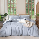 MooMee duvet front in cornflower blue showing calming bedroom color and style