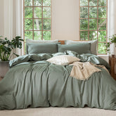 MooMee king duvet cover front view showing heathered green and clean fit for a polished bed