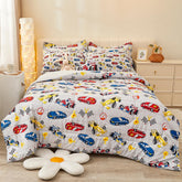 Mooreeke full bed view showing racing car comforter and coordinated set for a themed room