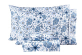 Mooreeke front view of folded blue and white floral sheet set showing pattern and packaging benefit