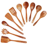 Mooues front view of 10-piece teak utensil set showing full contents and sturdy design