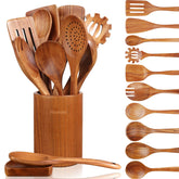 Mooues front view of 12-piece teak utensil set, neat organization benefit