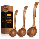 Mooues three-piece teak ladle set front view shows durable serving tools