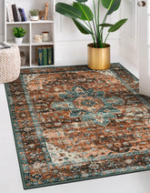 Moynesa front view of 5x7 vintage rug showing medallion and color contrast for room style