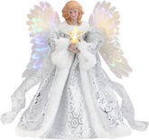 Mr. Christmas angel topper front view showing ivory gown and warm white star, adds elegant focal point