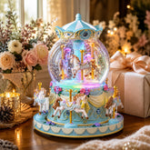 Mr.Winder front view showing blue carousel music box and elegant display benefit