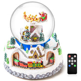 Mr.Winder front view of snow globe showing animated village and lights benefit ambiance