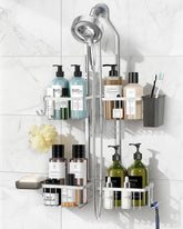 MSAICOE front view showing over-shower hook and full organizer benefits