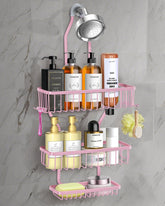 MSAICOE front view of pink shower caddy showing organized storage and neat bathroom benefit